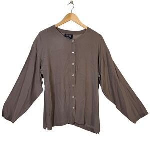 Eileen Fisher Vintage Top S M 100% Silk Button Up Long Sleeve Shirt Brown Taupe